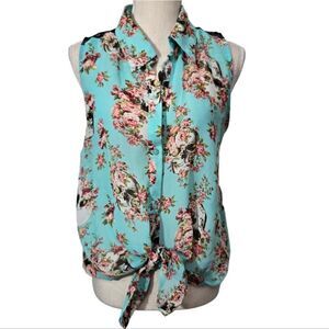 Sleeveless Tie-Front Floral Blouse in Aqua